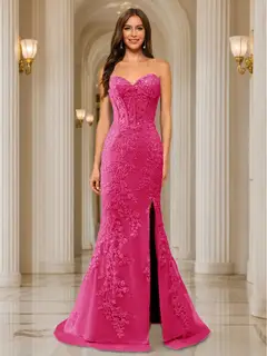 Trumpet/Mermaid Sweetheart Pleated Tulle Long Evening Dresses with Side Slit & Appliques — view 27
