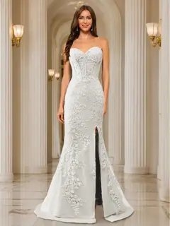 Trumpet/Mermaid Sweetheart Pleated Tulle Long Evening Dresses with Side Slit & Appliques — view 28