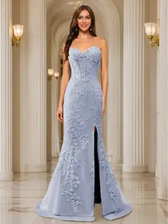 Trumpet/Mermaid Sweetheart Pleated Tulle Long Evening Dresses with Side Slit & Appliques — view 29