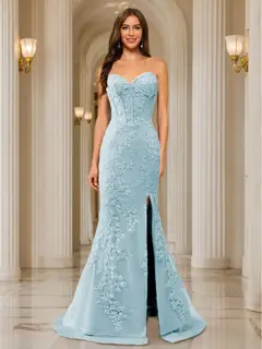 Trumpet/Mermaid Sweetheart Pleated Tulle Long Evening Dresses with Side Slit & Appliques — view 30