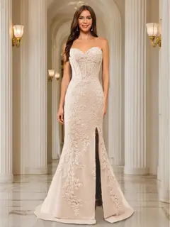 Trumpet/Mermaid Sweetheart Pleated Tulle Long Evening Dresses with Side Slit & Appliques — view 32