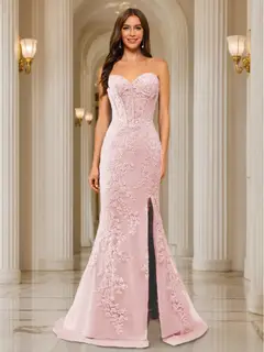 Trumpet/Mermaid Sweetheart Pleated Tulle Long Evening Dresses with Side Slit & Appliques — view 33