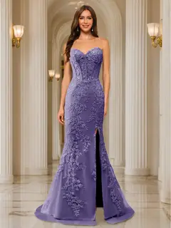 Trumpet/Mermaid Sweetheart Pleated Tulle Long Evening Dresses with Side Slit & Appliques — view 34