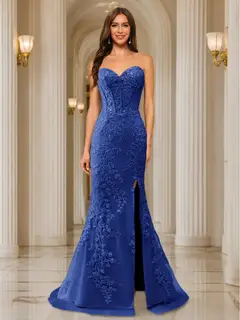 Trumpet/Mermaid Sweetheart Pleated Tulle Long Evening Dresses with Side Slit & Appliques — view 35