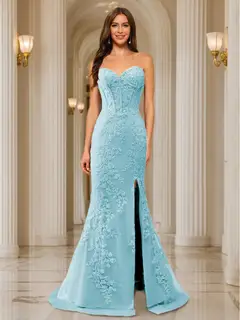 Trumpet/Mermaid Sweetheart Pleated Tulle Long Evening Dresses with Side Slit & Appliques — view 36