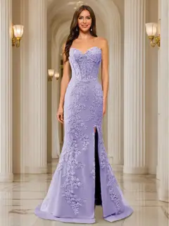 Trumpet/Mermaid Sweetheart Pleated Tulle Long Evening Dresses with Side Slit & Appliques — view 37
