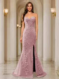 Trumpet/Mermaid Sweetheart Pleated Tulle Long Evening Dresses with Side Slit & Appliques — view 38