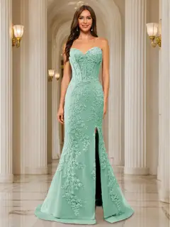 Trumpet/Mermaid Sweetheart Pleated Tulle Long Evening Dresses with Side Slit & Appliques — view 39