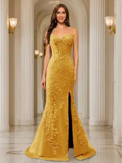 Trumpet/Mermaid Sweetheart Pleated Tulle Long Evening Dresses with Side Slit & Appliques — view 42