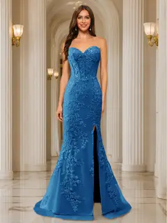 Trumpet/Mermaid Sweetheart Pleated Tulle Long Evening Dresses with Side Slit & Appliques — view 44
