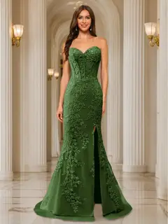 Trumpet/Mermaid Sweetheart Pleated Tulle Long Evening Dresses with Side Slit & Appliques — view 46