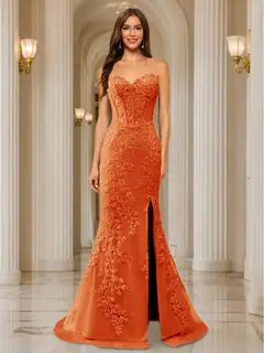 Trumpet/Mermaid Sweetheart Pleated Tulle Long Evening Dresses with Side Slit & Appliques — view 47