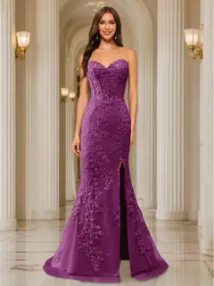Trumpet/Mermaid Sweetheart Pleated Tulle Long Evening Dresses with Side Slit & Appliques — view 48