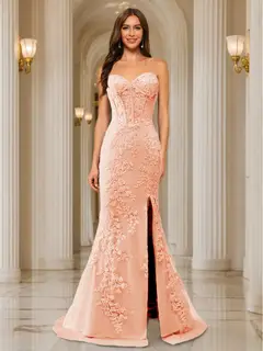 Trumpet/Mermaid Sweetheart Pleated Tulle Long Evening Dresses with Side Slit & Appliques — view 49