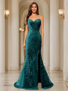 Trumpet/Mermaid Sweetheart Pleated Tulle Long Evening Dresses with Side Slit & Appliques — view 50