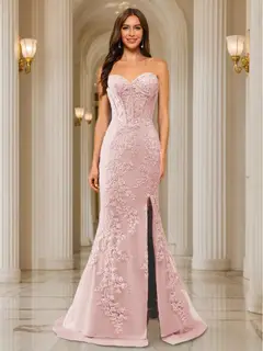 Trumpet/Mermaid Sweetheart Pleated Tulle Long Evening Dresses with Side Slit & Appliques — view 51