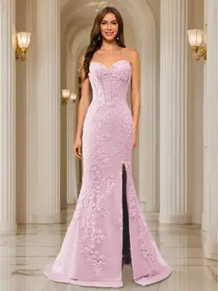 Trumpet/Mermaid Sweetheart Pleated Tulle Long Evening Dresses with Side Slit & Appliques — view 52
