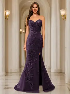Trumpet/Mermaid Sweetheart Pleated Tulle Long Evening Dresses with Side Slit & Appliques — view 53