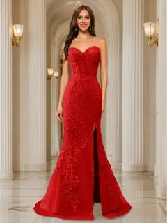 Trumpet/Mermaid Sweetheart Pleated Tulle Long Evening Dresses with Side Slit & Appliques — view 55