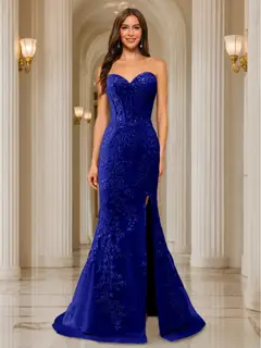 Trumpet/Mermaid Sweetheart Pleated Tulle Long Evening Dresses with Side Slit & Appliques — view 56