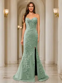 Trumpet/Mermaid Sweetheart Pleated Tulle Long Evening Dresses with Side Slit & Appliques — view 58