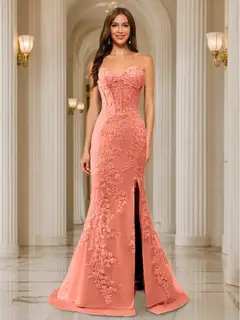 Trumpet/Mermaid Sweetheart Pleated Tulle Long Evening Dresses with Side Slit & Appliques — view 59