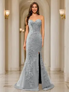 Trumpet/Mermaid Sweetheart Pleated Tulle Long Evening Dresses with Side Slit & Appliques — view 60