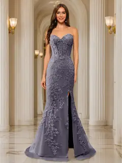 Trumpet/Mermaid Sweetheart Pleated Tulle Long Evening Dresses with Side Slit & Appliques — view 61