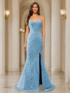 Trumpet/Mermaid Sweetheart Pleated Tulle Long Evening Dresses with Side Slit & Appliques — view 62