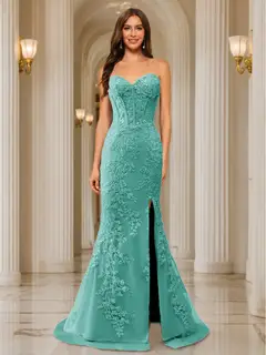 Trumpet/Mermaid Sweetheart Pleated Tulle Long Evening Dresses with Side Slit & Appliques — view 63