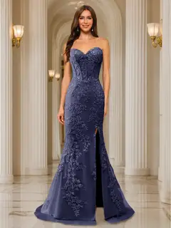 Trumpet/Mermaid Sweetheart Pleated Tulle Long Evening Dresses with Side Slit & Appliques — view 65