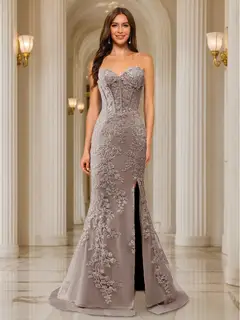 Trumpet/Mermaid Sweetheart Pleated Tulle Long Evening Dresses with Side Slit & Appliques — view 66