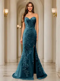 Trumpet/Mermaid Sweetheart Pleated Tulle Long Evening Dresses with Side Slit & Appliques — view 67