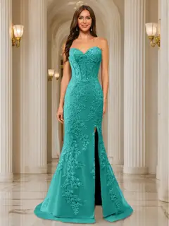 Trumpet/Mermaid Sweetheart Pleated Tulle Long Evening Dresses with Side Slit & Appliques — view 68