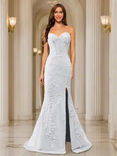 Trumpet/Mermaid Sweetheart Pleated Tulle Long Evening Dresses with Side Slit & Appliques — view 69