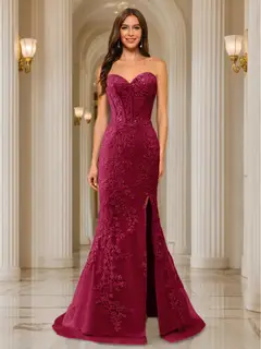 Trumpet/Mermaid Sweetheart Pleated Tulle Long Evening Dresses with Side Slit & Appliques — view 70