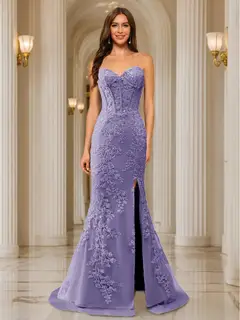Trumpet/Mermaid Sweetheart Pleated Tulle Long Evening Dresses with Side Slit & Appliques — view 71