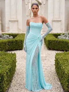 Trumpet/Mermaid Strapless Sleeveless Floor-Length Evening Dresses with Lace & Split Side — view 1