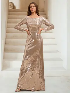 Sequin Sheath/Column Scoop Long Sleeves Floor-Length Evening Dresses with Beading — view 1