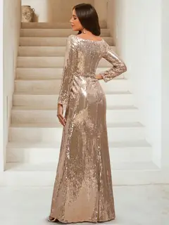Sequin Sheath/Column Scoop Long Sleeves Floor-Length Evening Dresses with Beading — view 2
