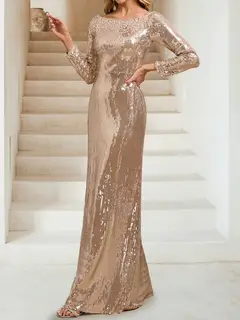 Sequin Sheath/Column Scoop Long Sleeves Floor-Length Evening Dresses with Beading — view 3