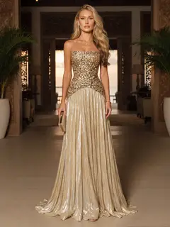 A-Line/Princess Strapless Sleeveless Floor-Length Evening Dresses with Pleats & Sequins — view 1