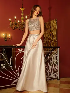 A-Line/Princess Scoop Sleeveless Two Piece Long Prom Dresses — view 4