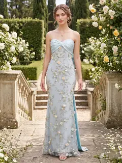 Sheath/Column Strapless Sleeveless Floor-Length Evening Dresses with Bowknot & 3D Floral — view 1