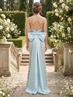 Sheath/Column Strapless Sleeveless Floor-Length Evening Dresses with Bowknot & 3D Floral — view 2