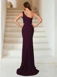 Trumpet/Mermaid One-Shoulder Sweep Train Ruched Evening Dresses with Side Slit — view 2