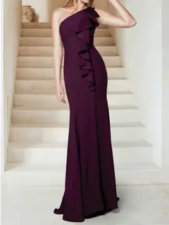 Trumpet/Mermaid One-Shoulder Sweep Train Ruched Evening Dresses with Side Slit — view 3