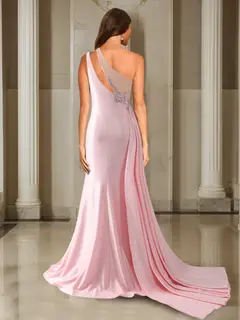 Trumpet/Mermaid One-Shoulder Sweep Train/Brush Train Evening Dresses with Side Slit & Appliques — view 2