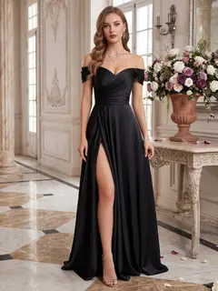 A-Line/Princess Off-the-Shoulder Short Sleeves Prom Dresses with Split Side — view 1