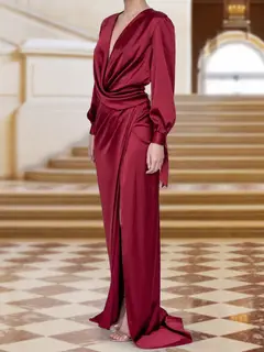 Sheath/Column Crossover V-Neck Long Sleeves Ruched Wrap Evening Dresses with Split Side — view 3